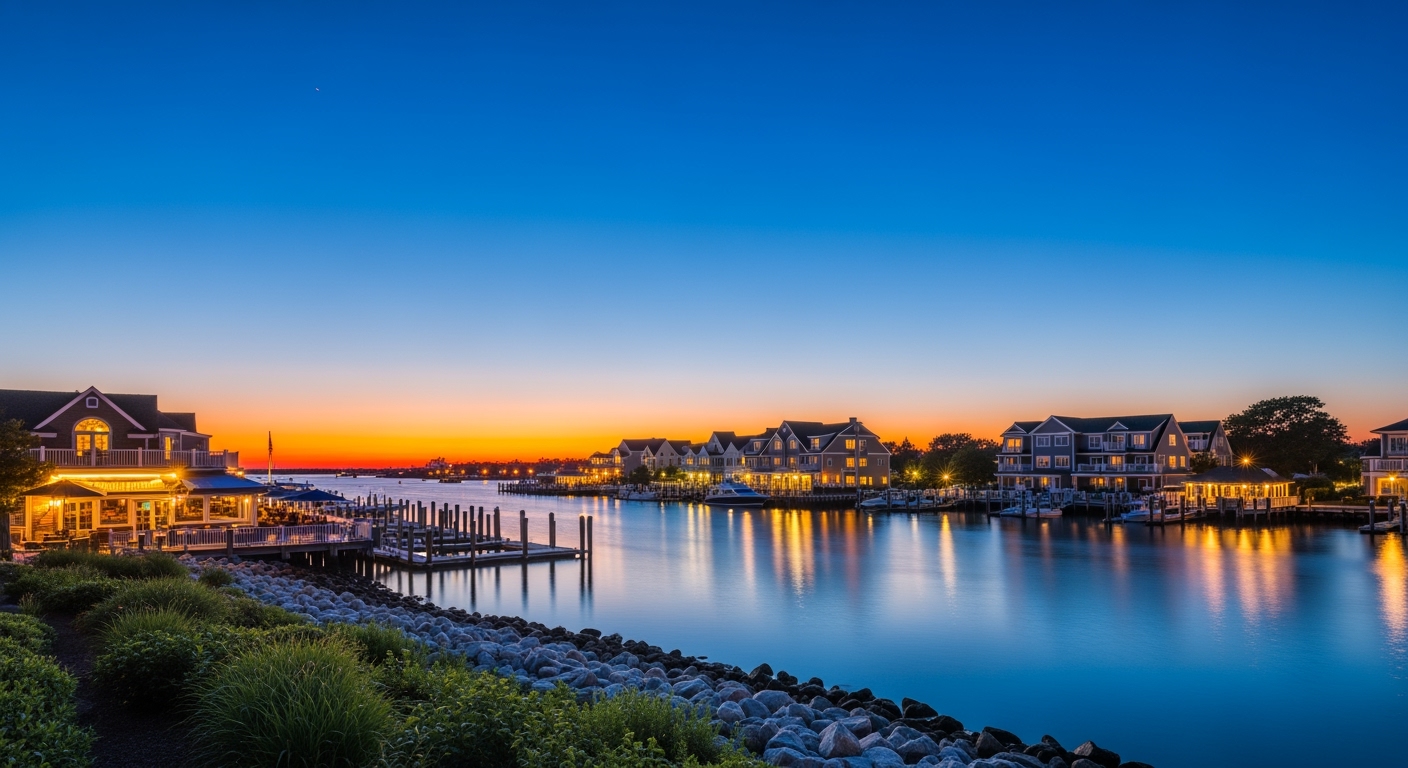 Rockville Centre NY waterfront aerial view at sunset