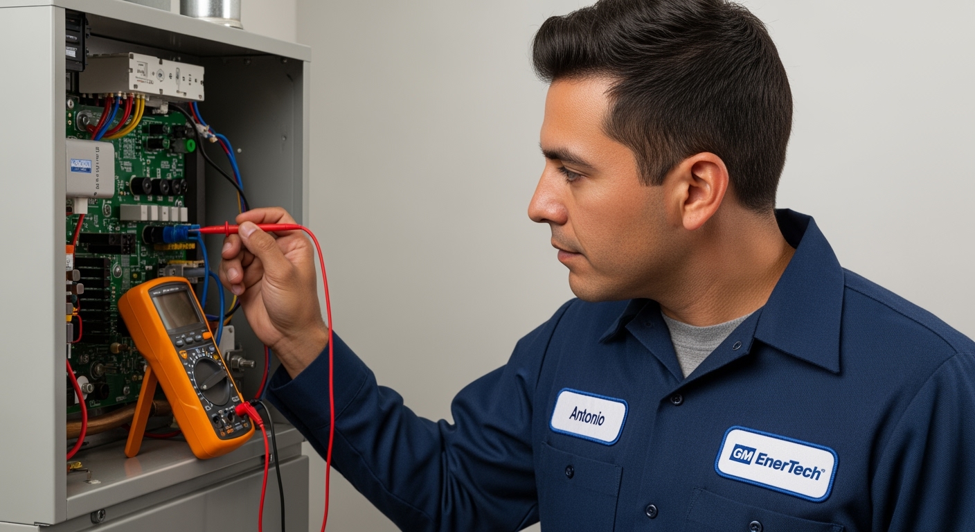 GM EnerTech HVAC technician servicing AC unit in Rockville Centre home