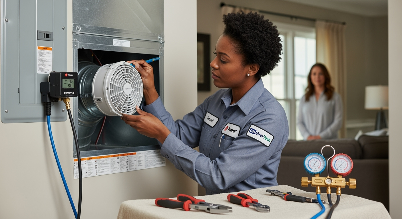 GM EnerTech HVAC technician servicing AC unit in Rocky Point home
