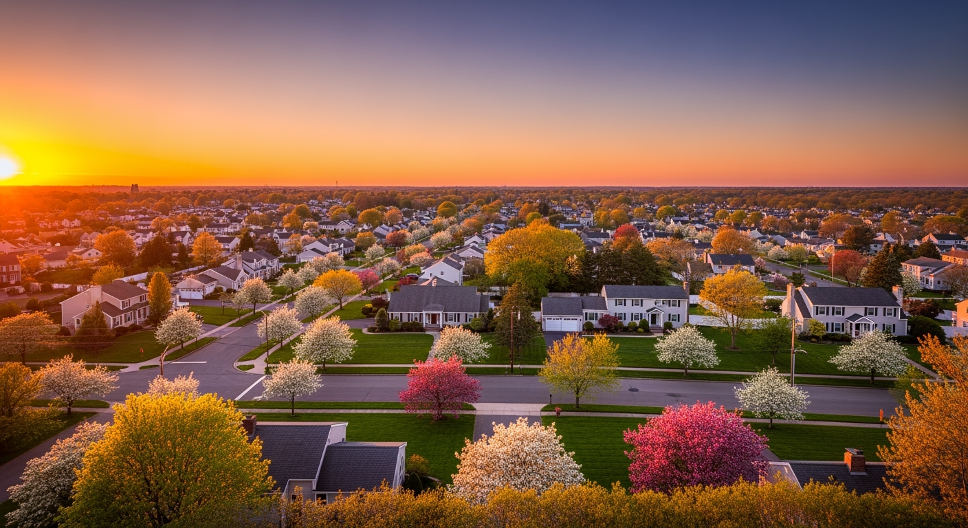 Ronkonkoma NY waterfront aerial view at sunset