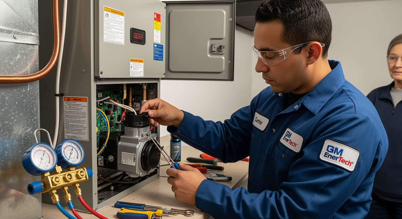 GM EnerTech HVAC technician servicing AC unit in Ronkonkoma home