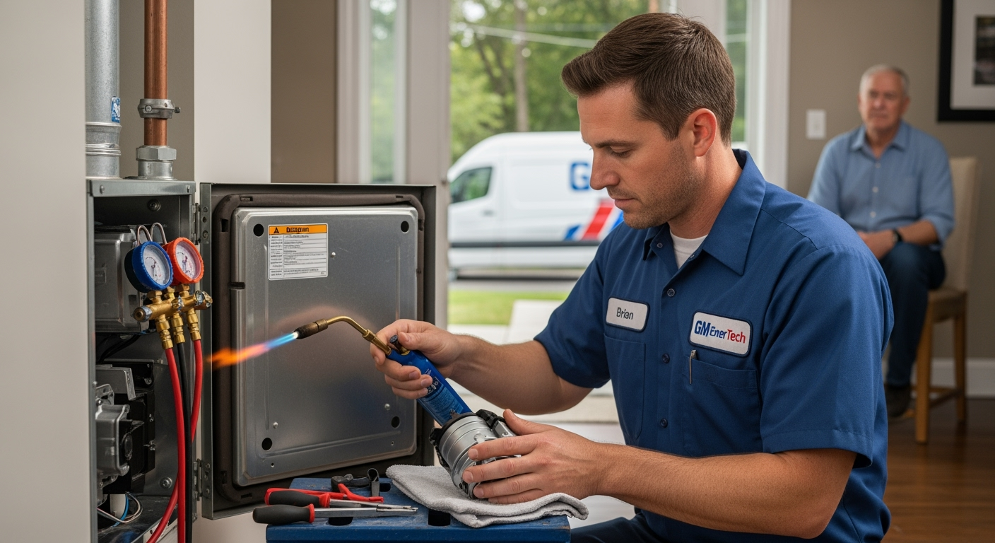 GM EnerTech HVAC technician servicing AC unit in Roslyn Heights home