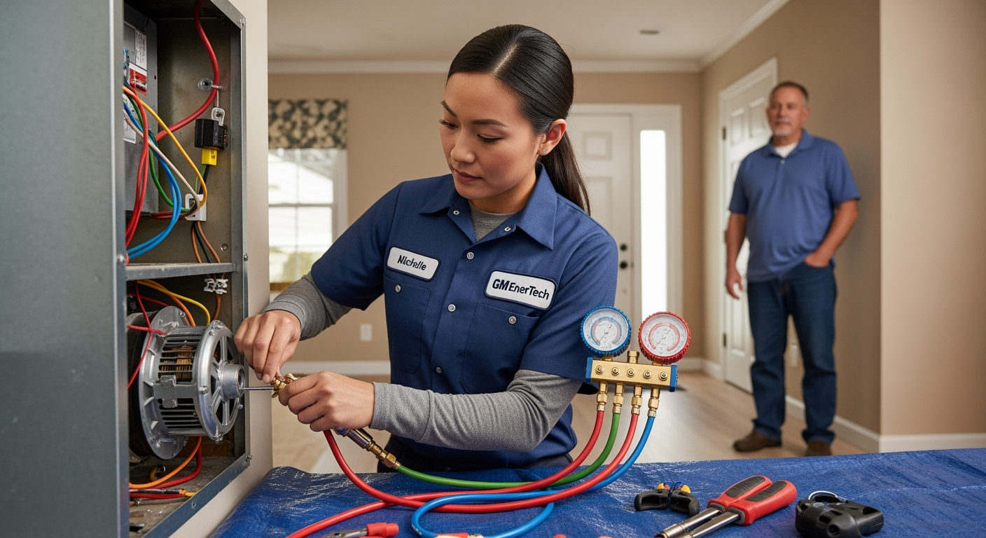 GM EnerTech HVAC technician servicing AC unit in Roslyn home