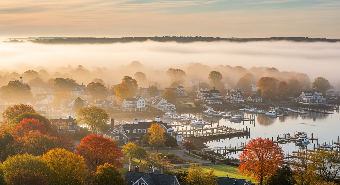 Sag Harbor NY waterfront aerial view at sunset