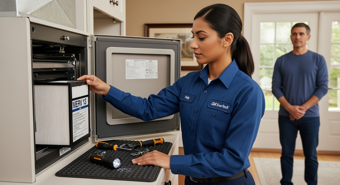GM EnerTech HVAC technician servicing AC unit in Sag Harbor home