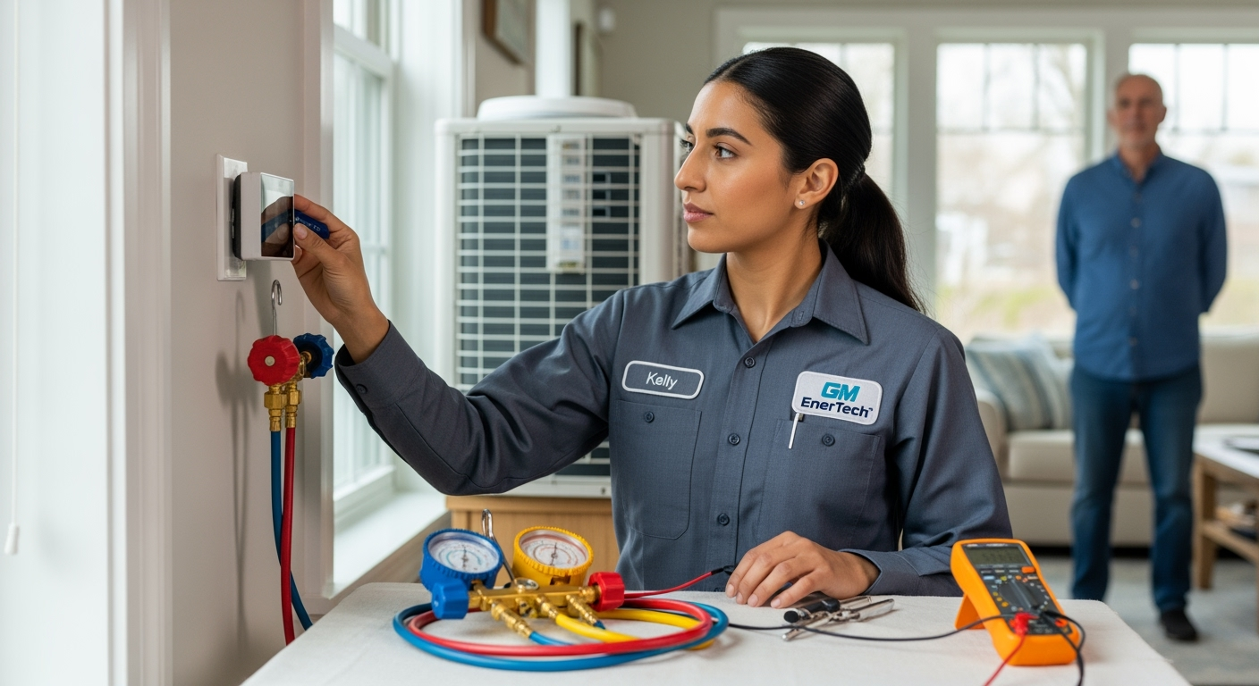 GM EnerTech HVAC technician servicing AC unit in Sagaponack home