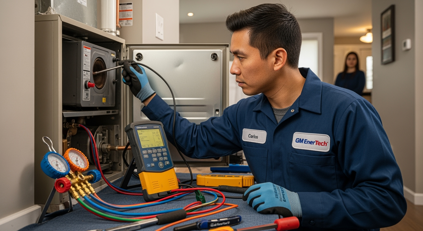 GM EnerTech HVAC technician servicing AC unit in Saint James home