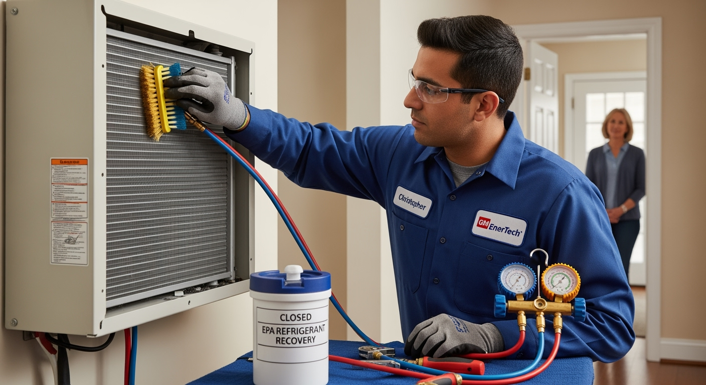 GM EnerTech HVAC technician servicing AC unit in Sands Point home