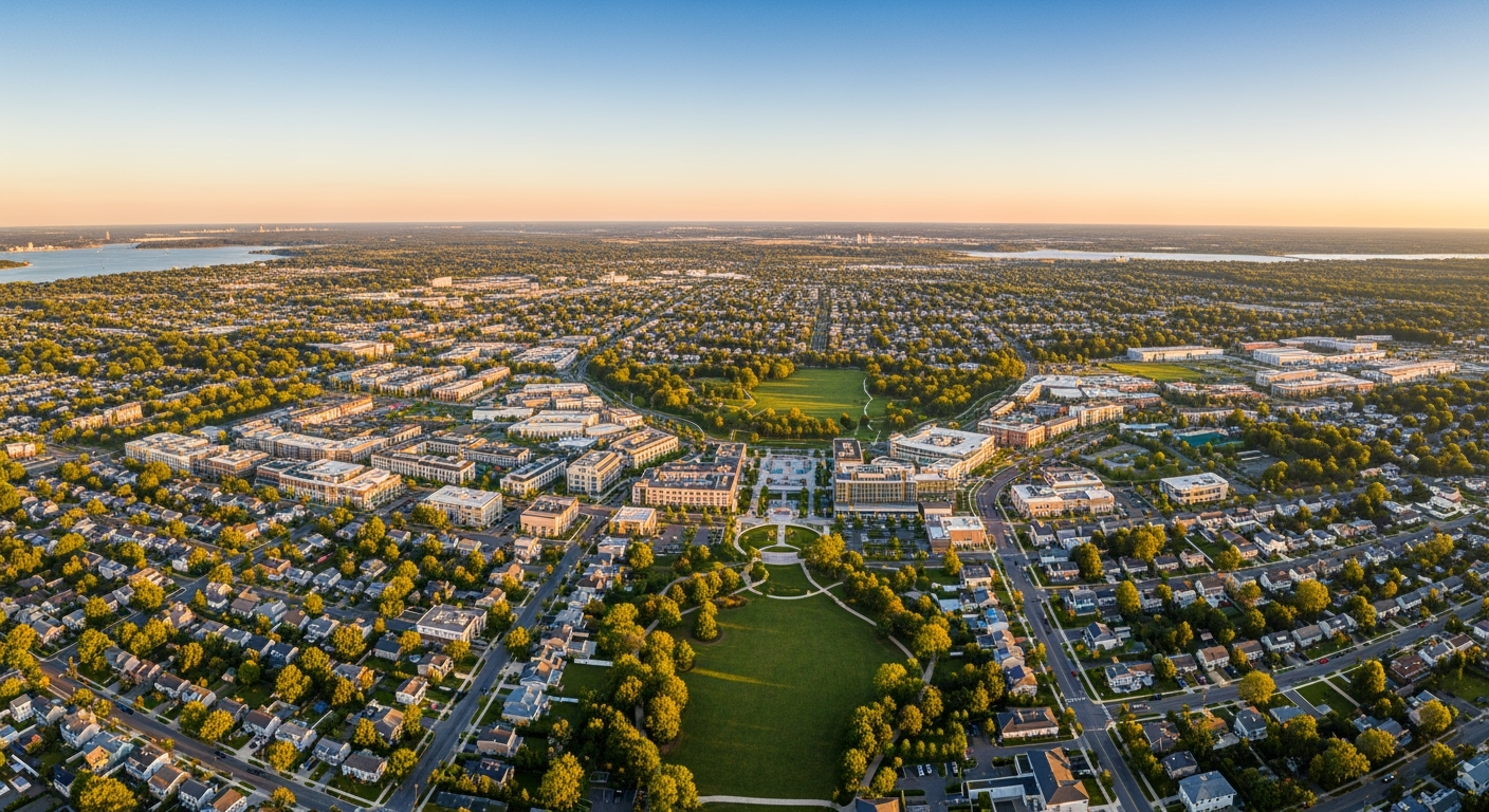 Sayville NY waterfront aerial view at sunset