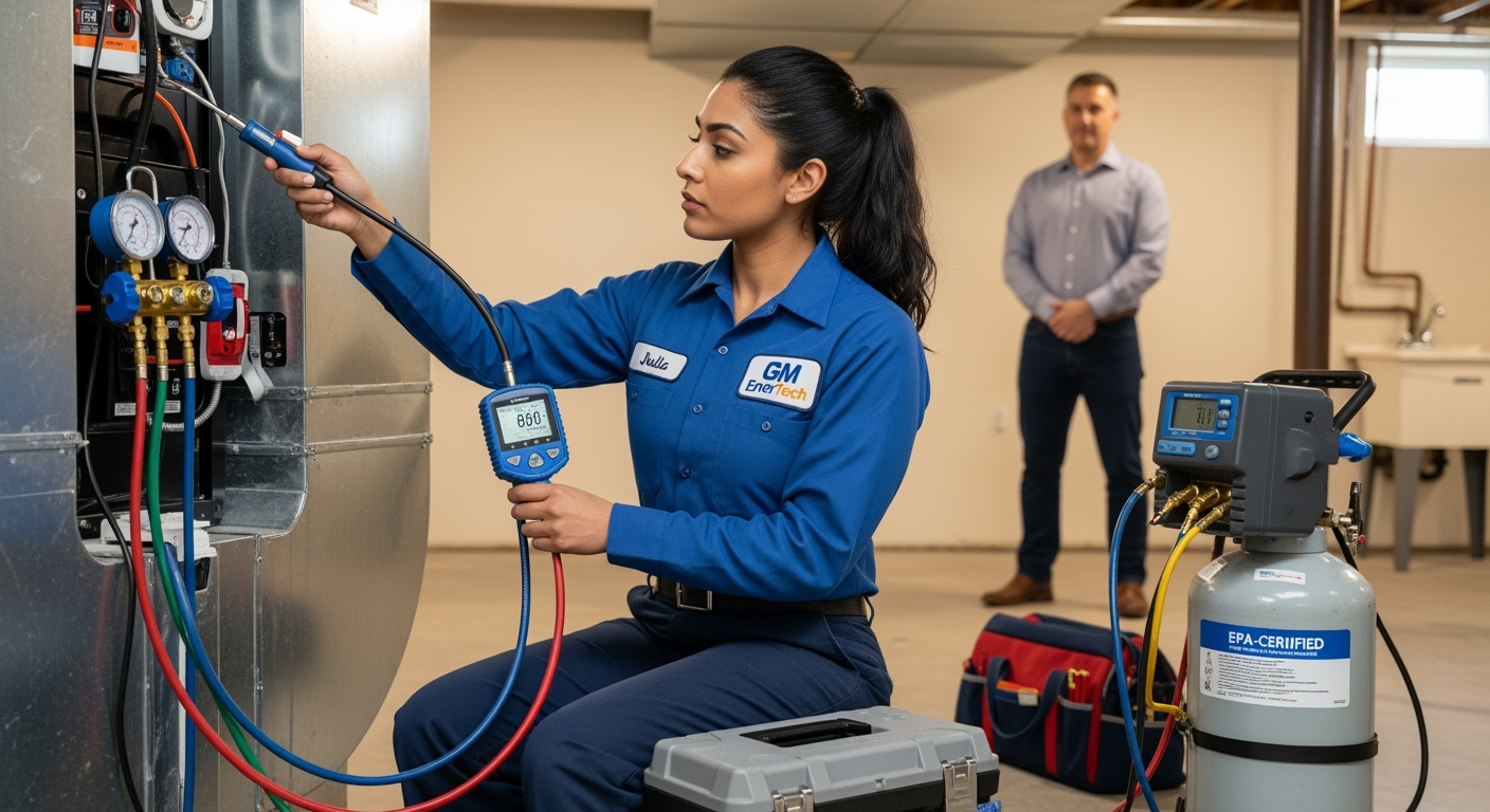 GM EnerTech HVAC technician servicing AC unit in Sayville home