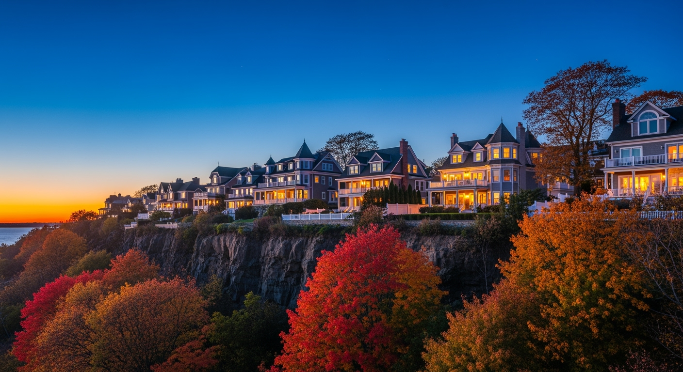 Sea Cliff NY waterfront aerial view at sunset