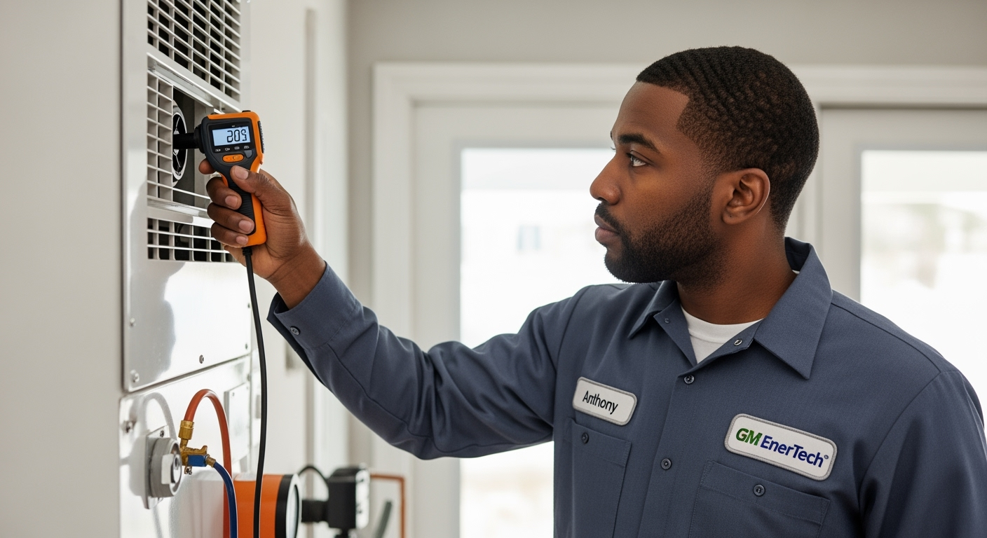 GM EnerTech HVAC technician servicing AC unit in Sea Cliff home