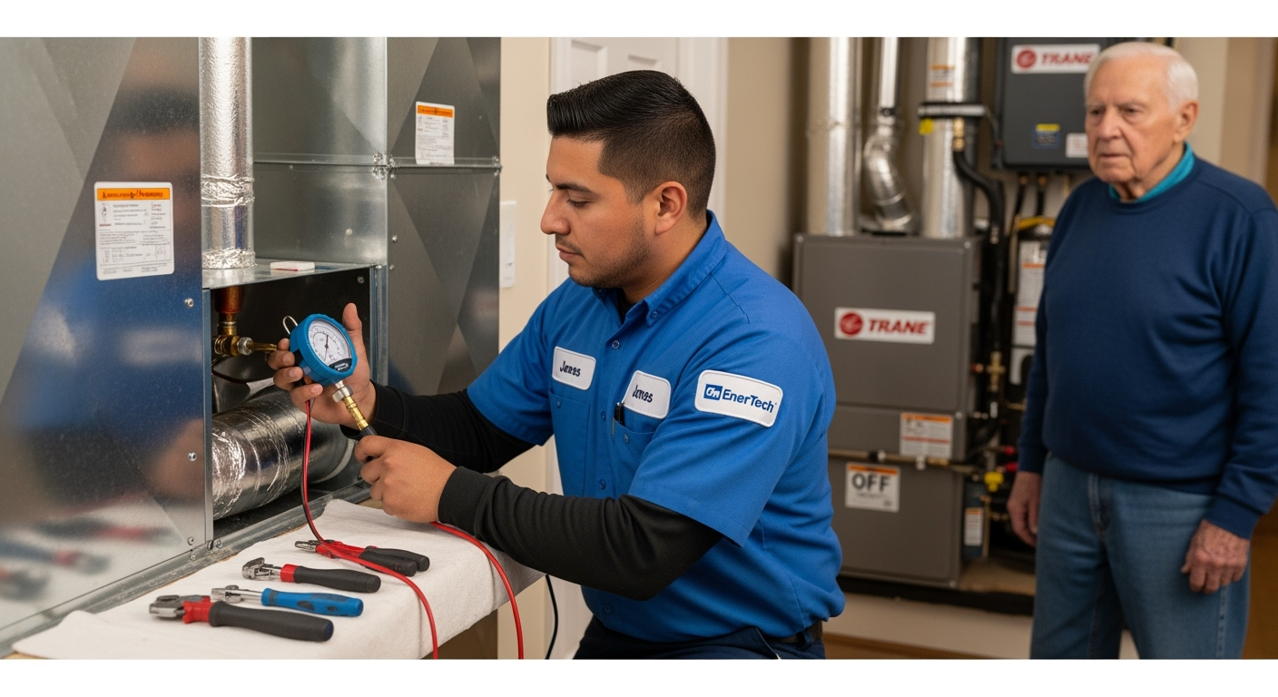 GM EnerTech HVAC technician servicing AC unit in Seaford home