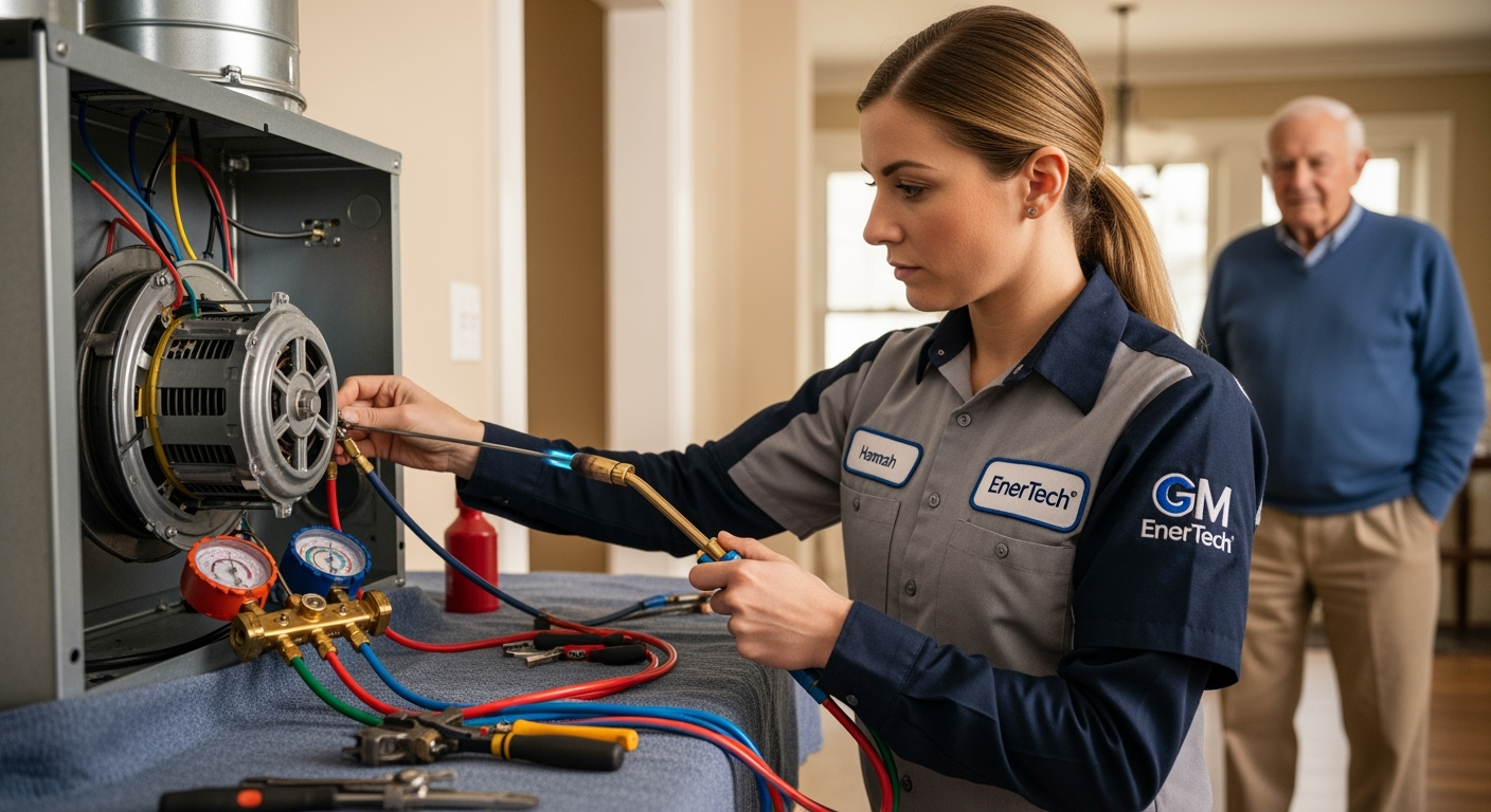 GM EnerTech HVAC technician servicing AC unit in Selden home