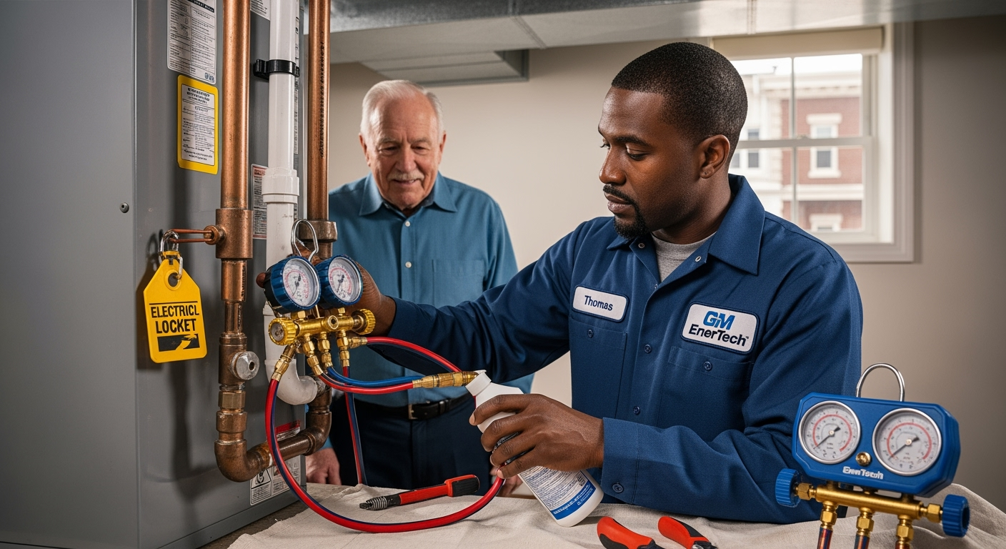 GM EnerTech HVAC technician servicing AC unit in Setauket home