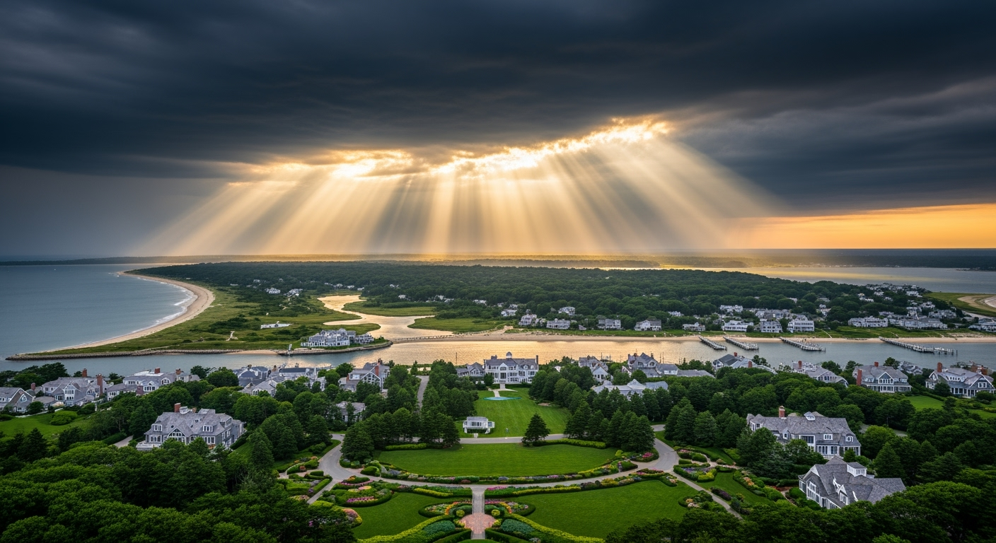 Shelter Island NY waterfront aerial view at sunset