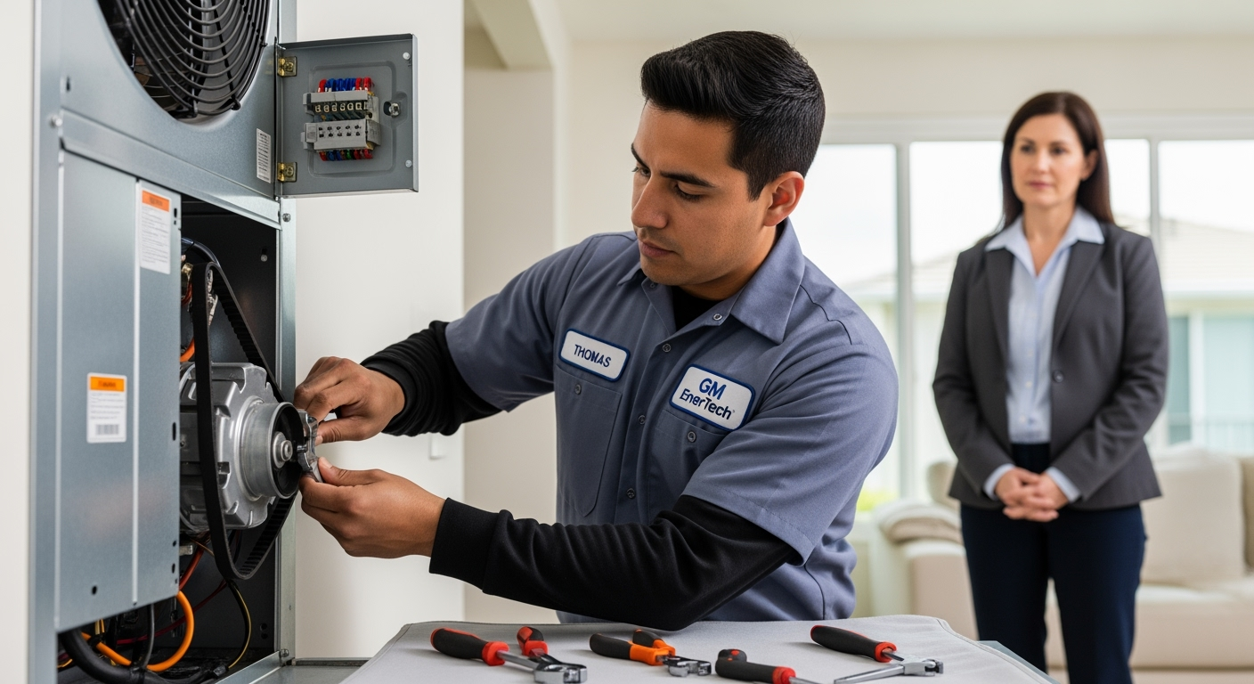 GM EnerTech HVAC technician servicing AC unit in Shelter Island home