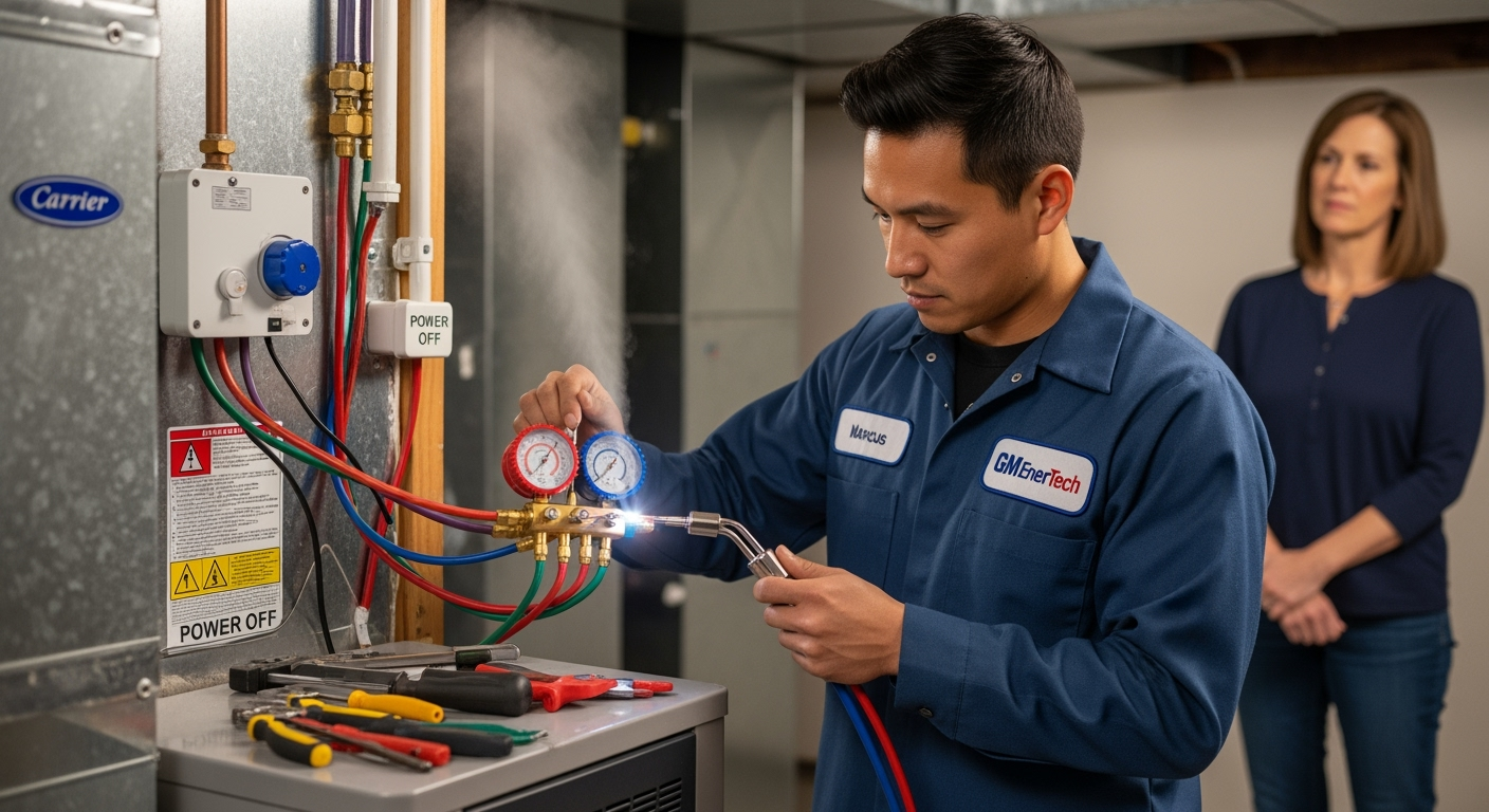 GM EnerTech HVAC technician servicing AC unit in Shirley home