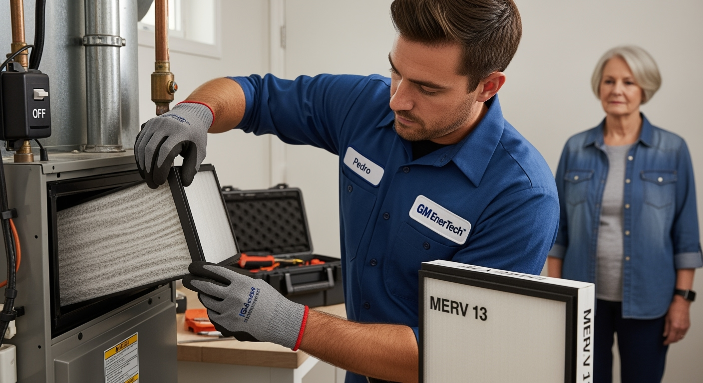 GM EnerTech HVAC technician servicing AC unit in Shoreham home
