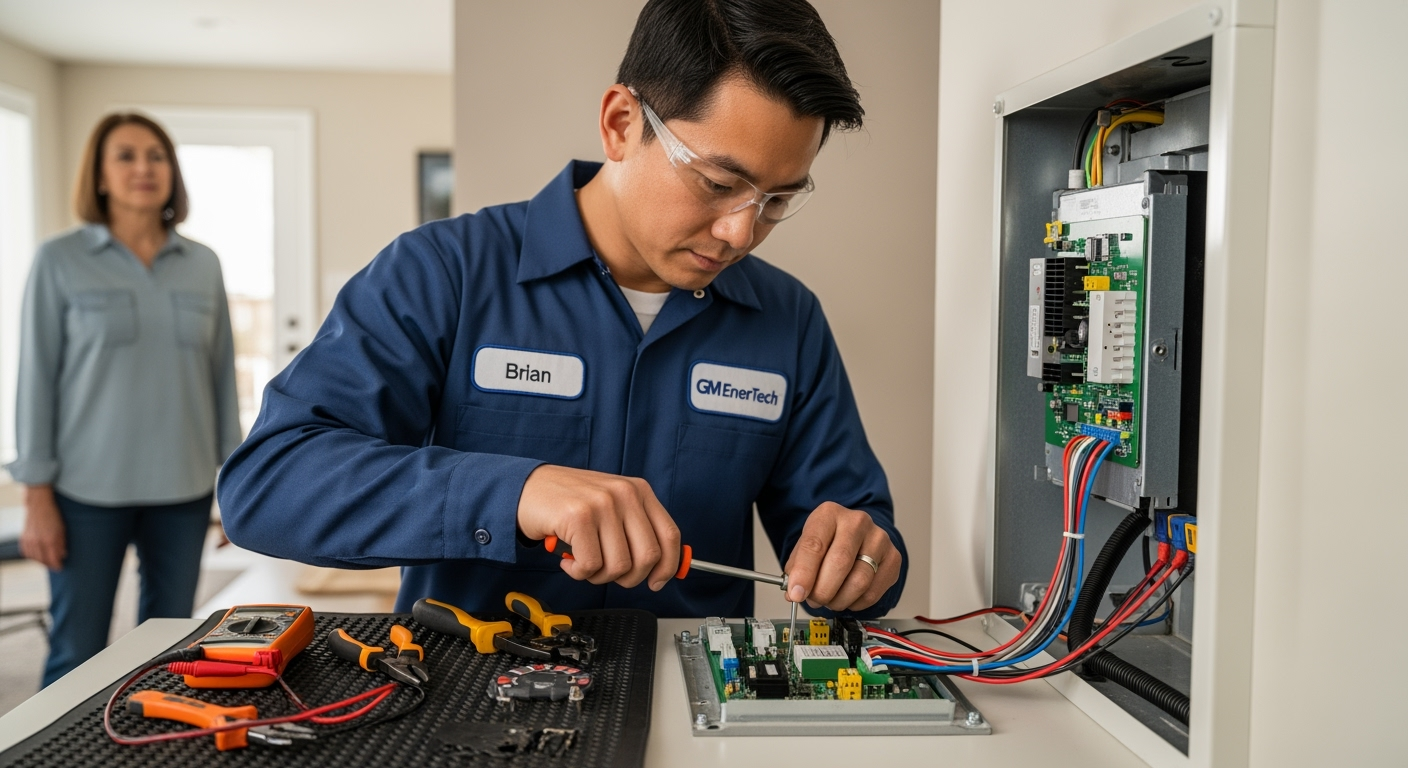 GM EnerTech HVAC technician servicing AC unit in Smithtown home