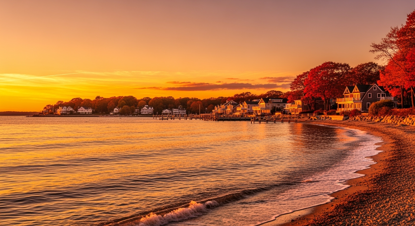 Sound Beach NY waterfront aerial view at sunset