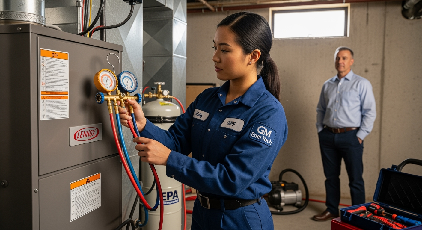 GM EnerTech HVAC technician servicing AC unit in Southampton home