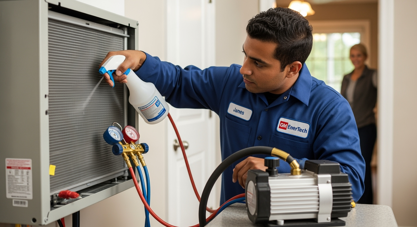 GM EnerTech HVAC technician servicing AC unit in Southold home