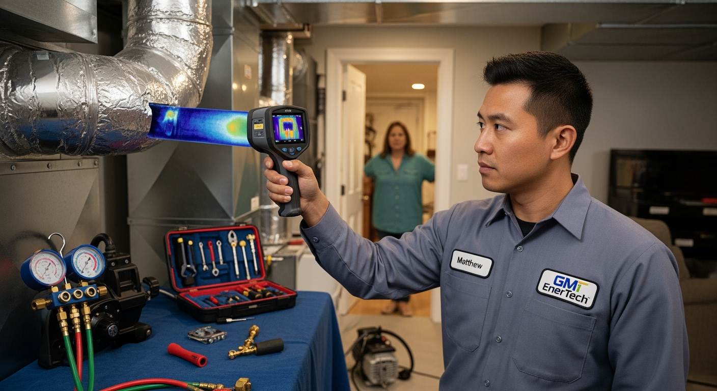 GM EnerTech HVAC technician servicing AC unit in Speonk home