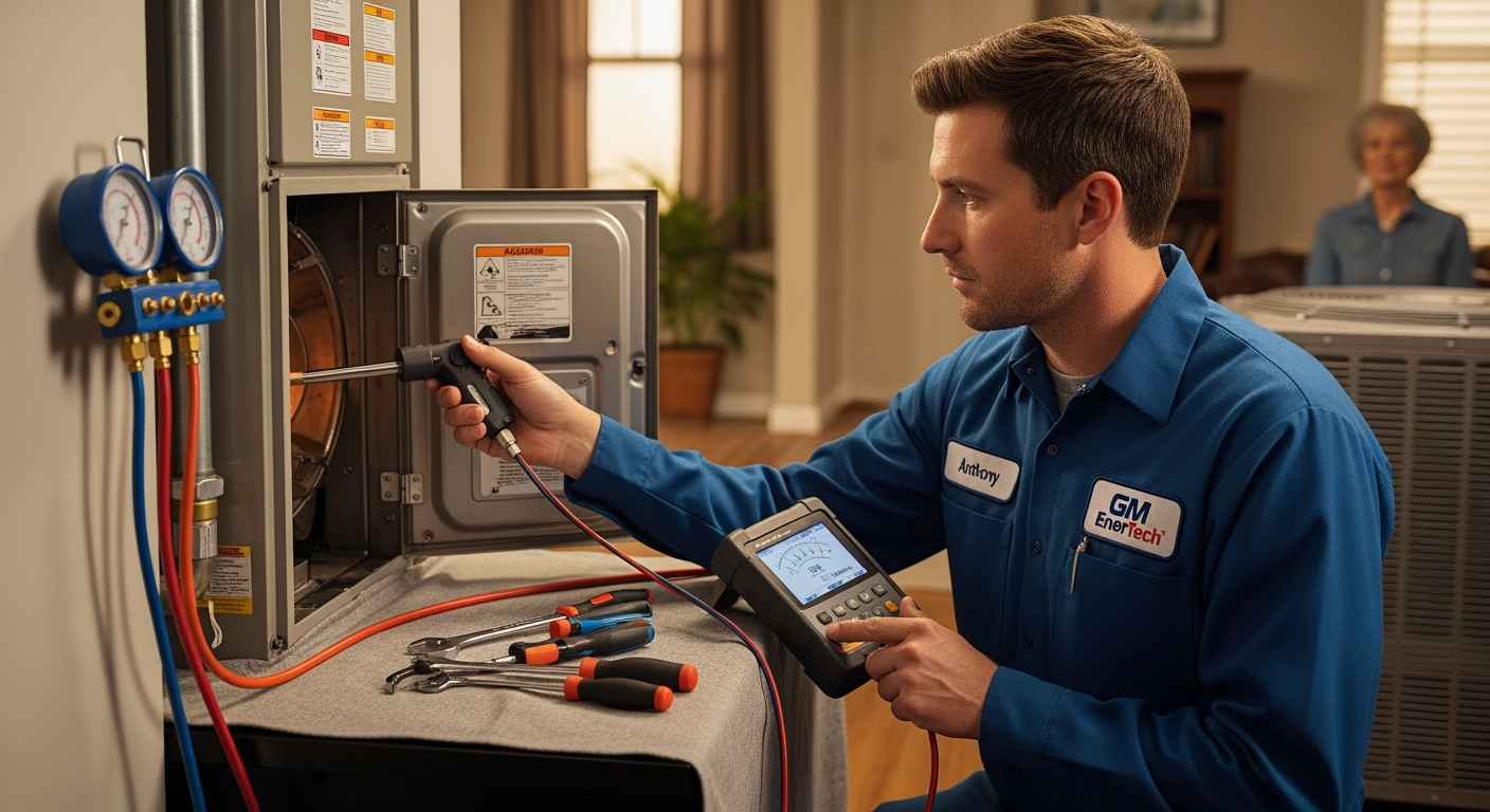 GM EnerTech HVAC technician servicing AC unit in Springs home