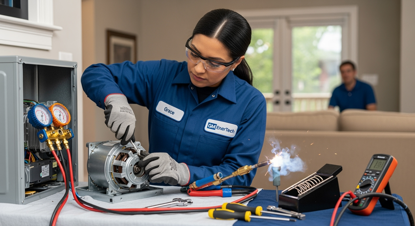 GM EnerTech HVAC technician servicing AC unit in Stony Brook home