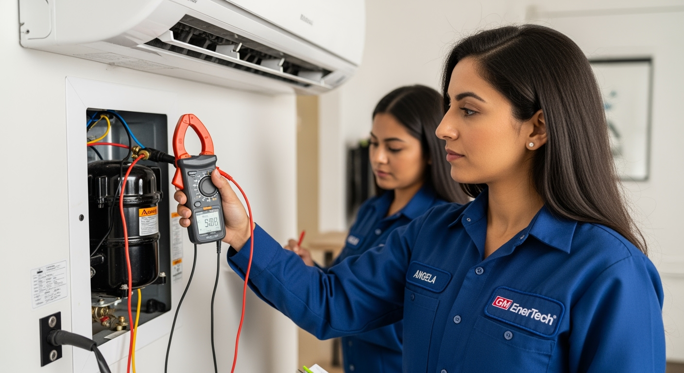 GM EnerTech HVAC technician servicing AC unit in Syosset home