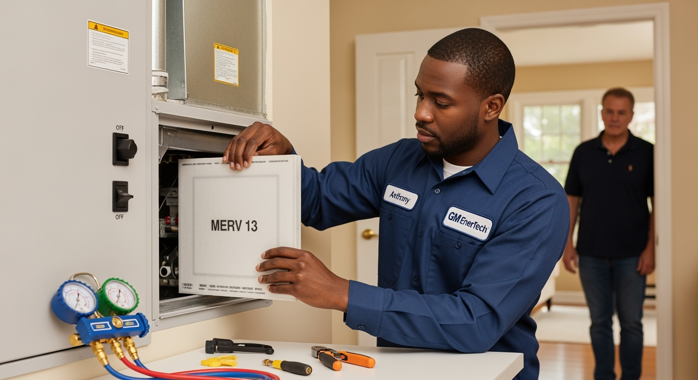 GM EnerTech HVAC technician servicing AC unit in Uniondale home