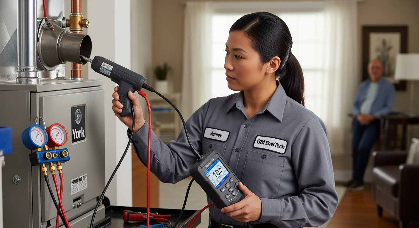 GM EnerTech HVAC technician servicing AC unit in Valley Stream home