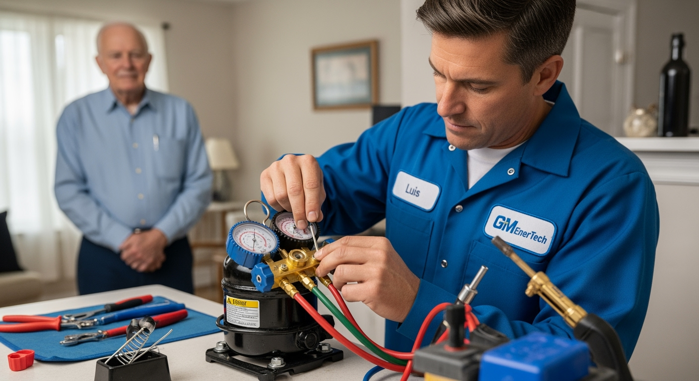 GM EnerTech HVAC technician servicing AC unit in Wading River home