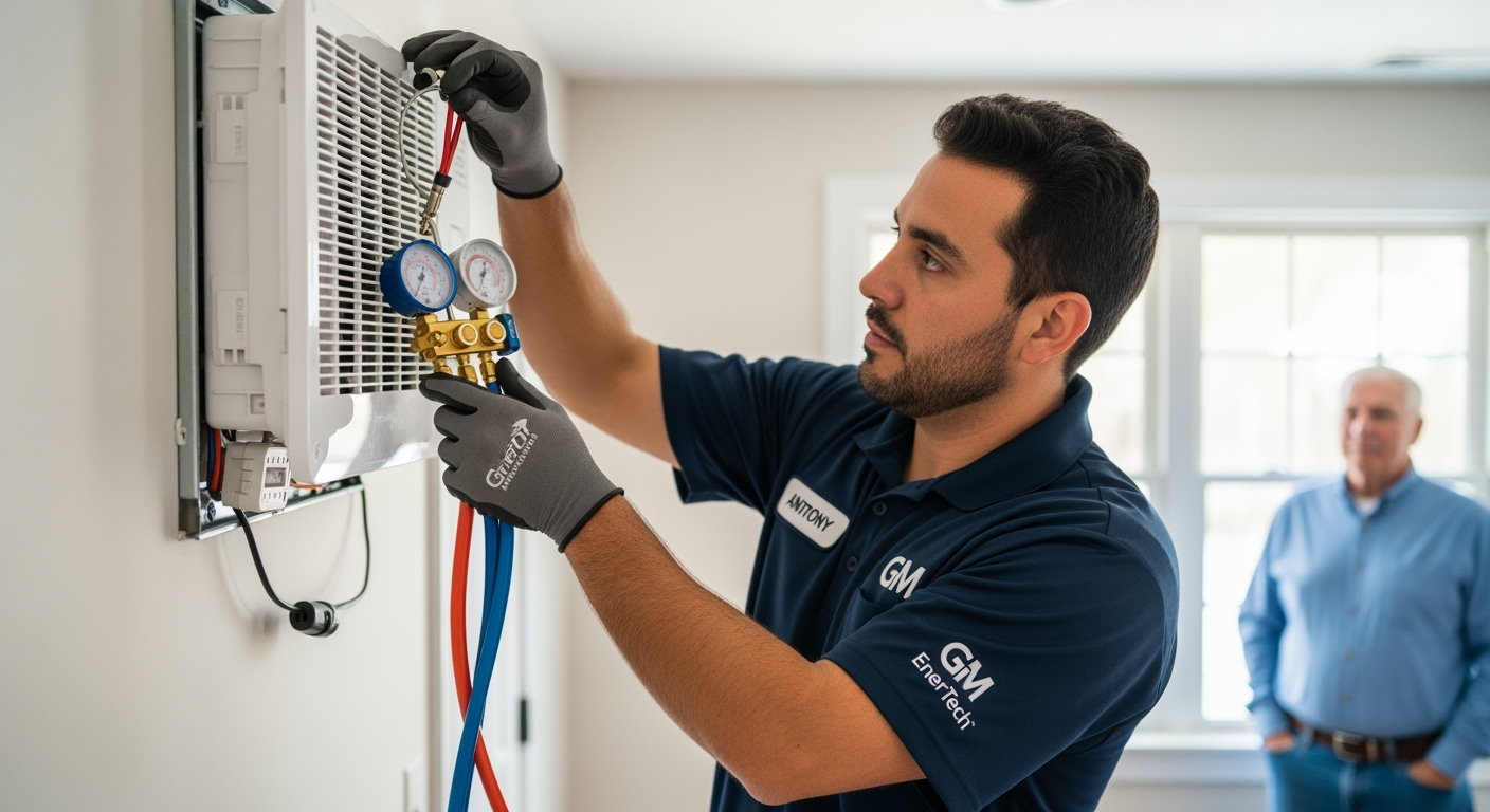 GM EnerTech HVAC technician servicing AC unit in Wainscott home