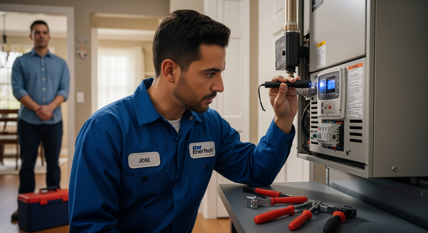 GM EnerTech HVAC technician servicing AC unit in Wantagh home