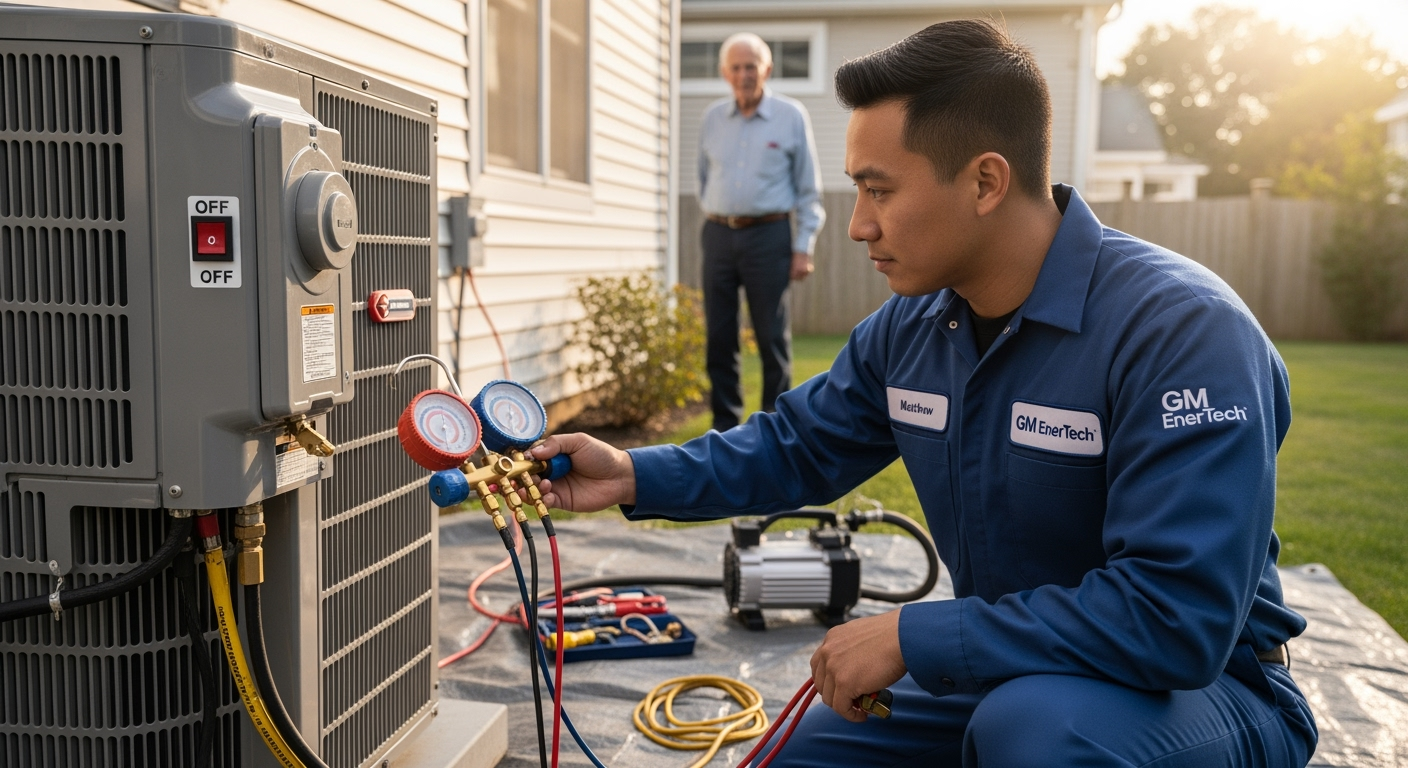 GM EnerTech HVAC technician servicing AC unit in Water Mill home