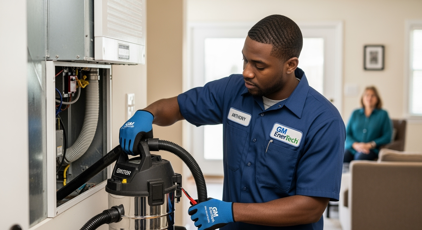 GM EnerTech HVAC technician servicing AC unit in West Babylon home