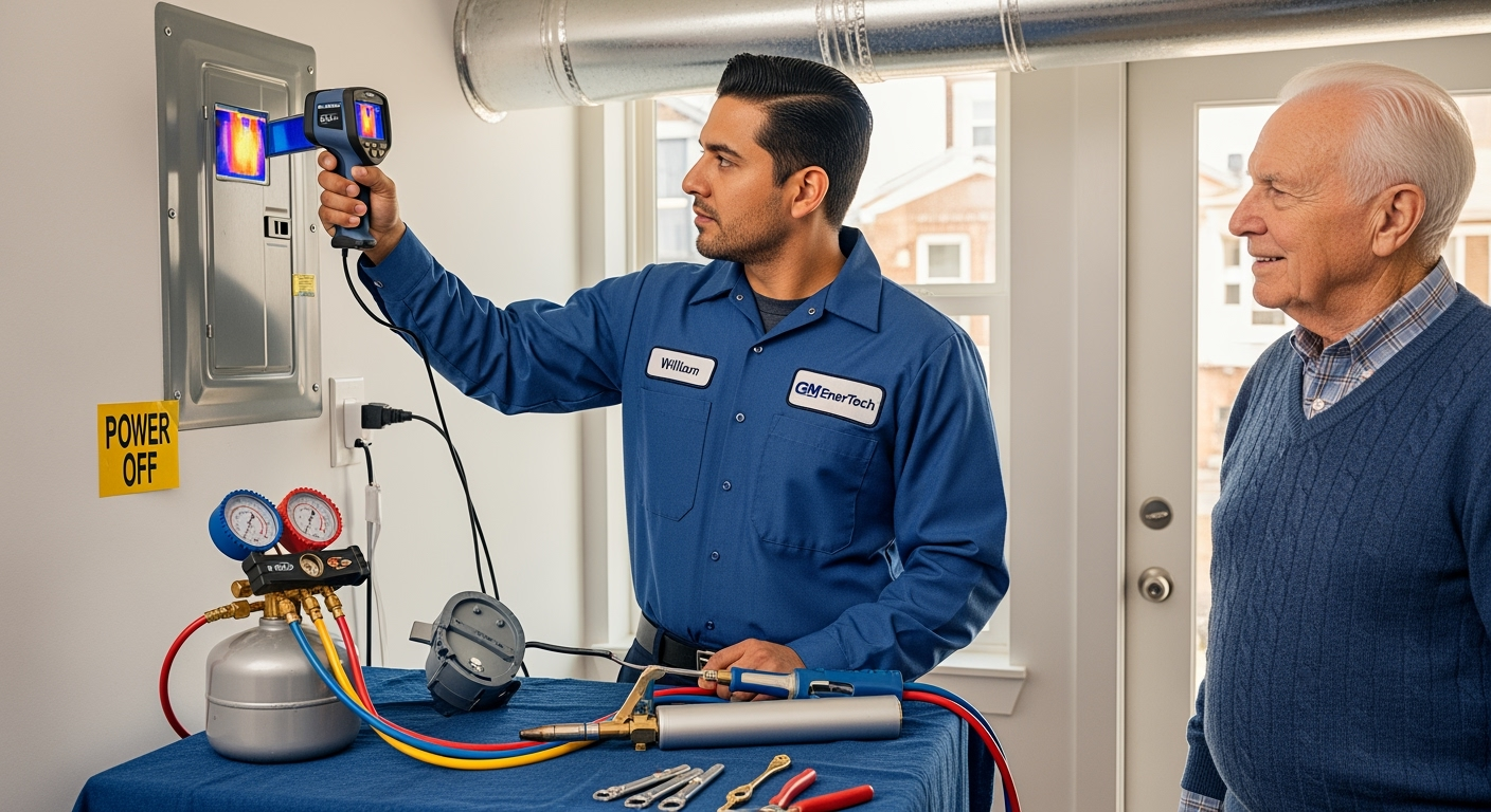 GM EnerTech HVAC technician servicing AC unit in West Hempstead home