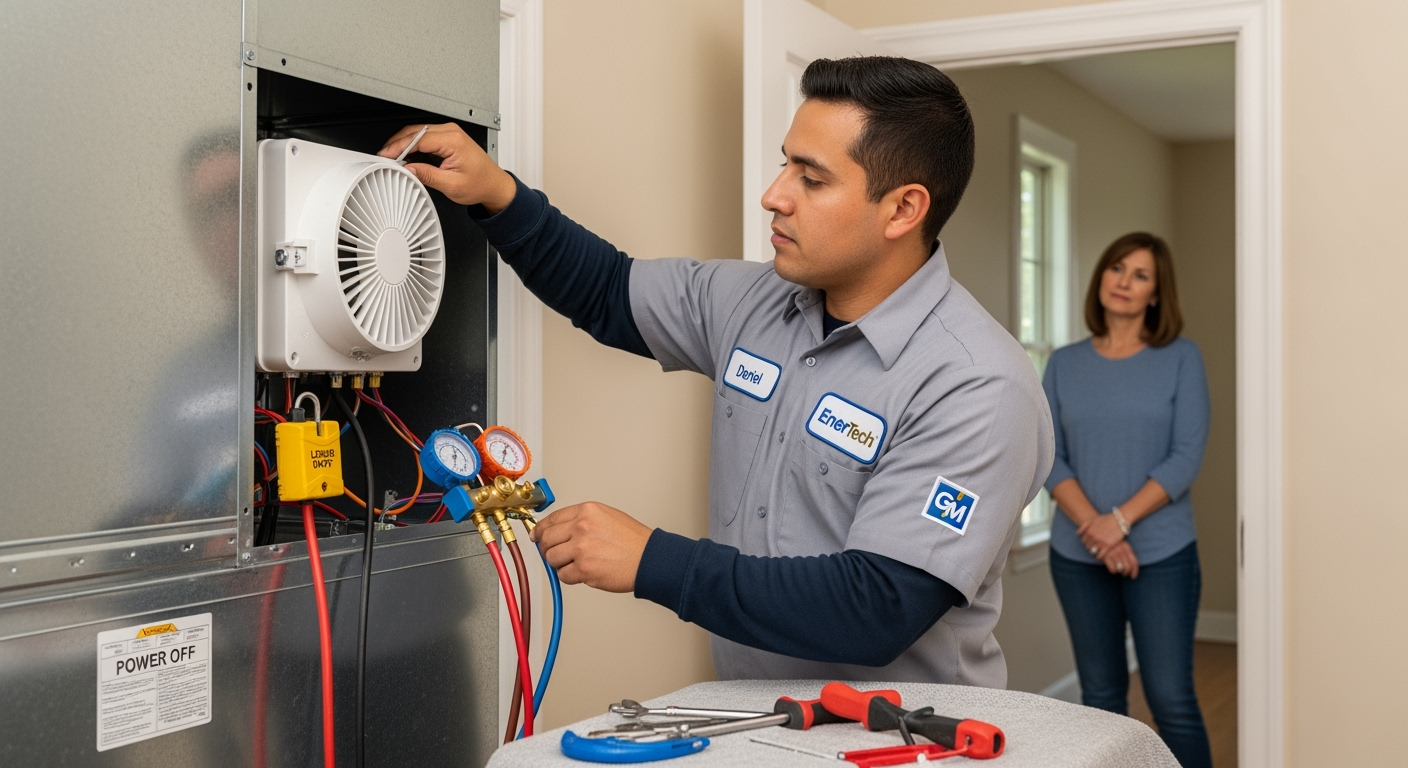 GM EnerTech HVAC technician servicing AC unit in West Islip home