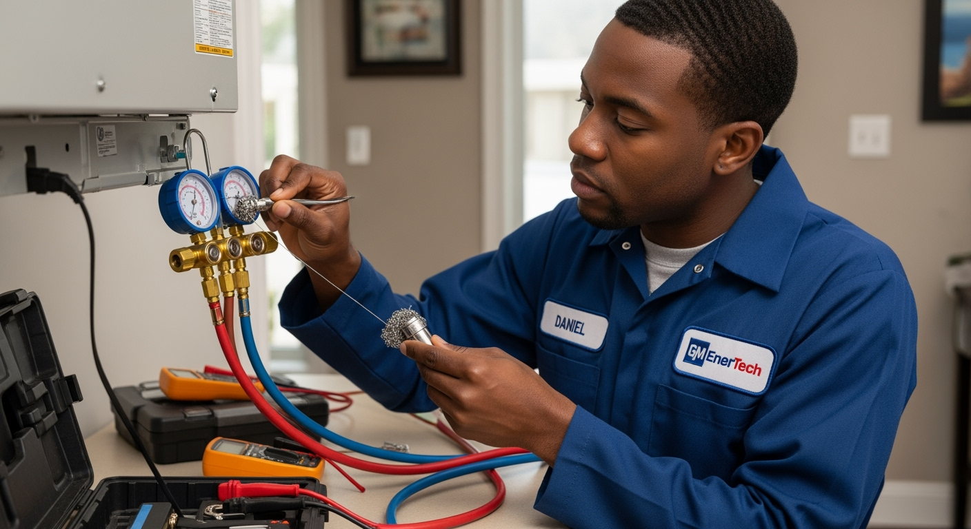 GM EnerTech HVAC technician servicing AC unit in Westbury home