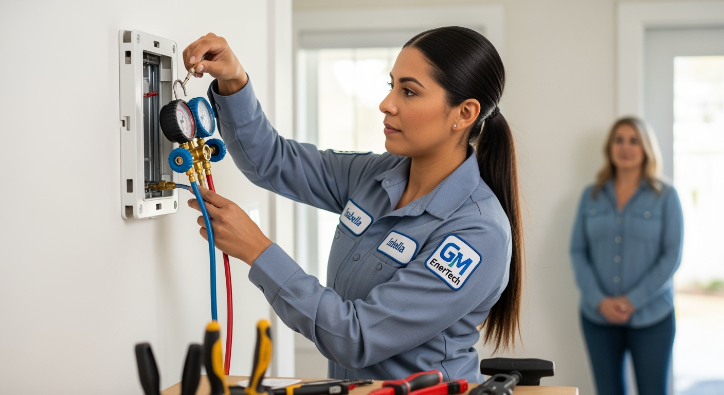 GM EnerTech HVAC technician servicing AC unit in Westhampton Beach home