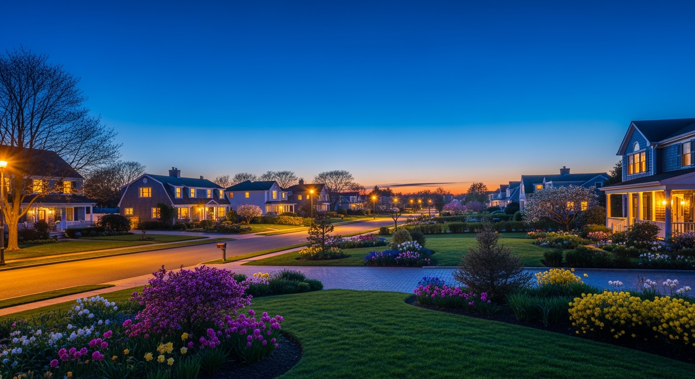 Westhampton NY waterfront aerial view at sunset
