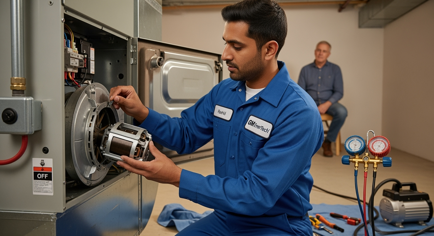 GM EnerTech HVAC technician servicing AC unit in Westhampton home