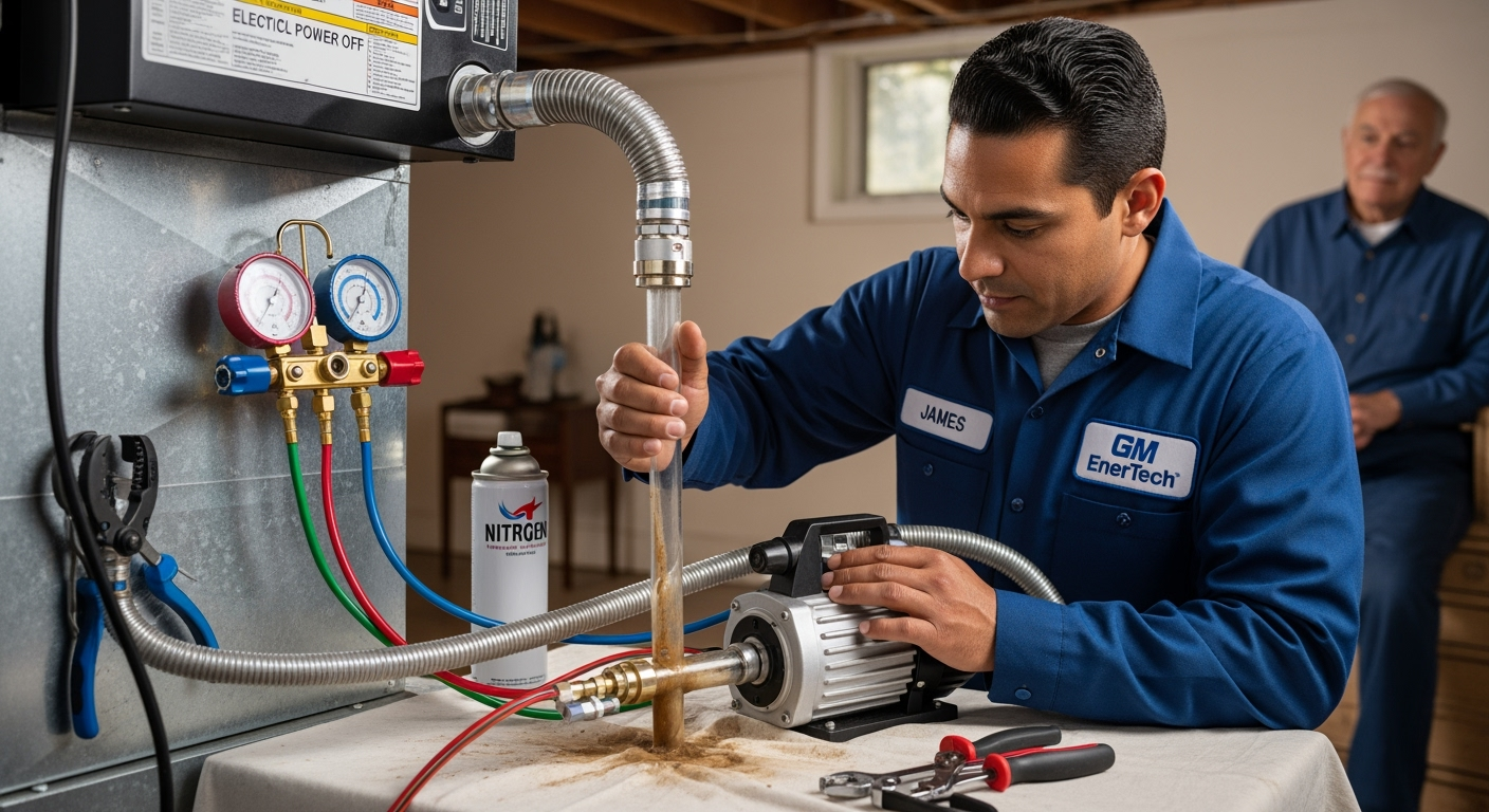 GM EnerTech HVAC technician servicing AC unit in Williston Park home