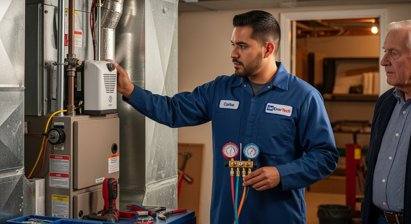 GM EnerTech HVAC technician servicing AC unit in Woodbury home