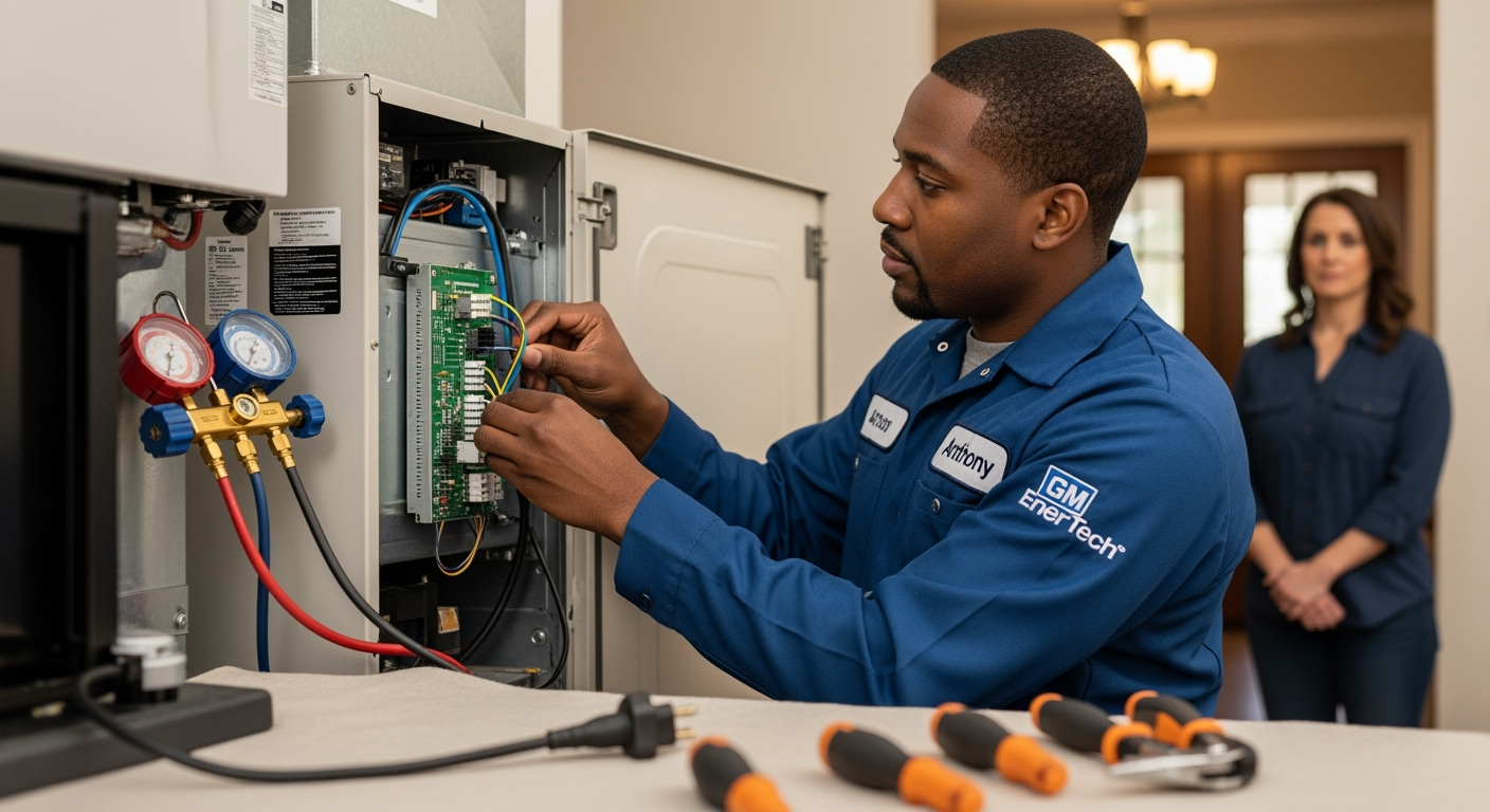 GM EnerTech HVAC technician servicing AC unit in Woodmere home