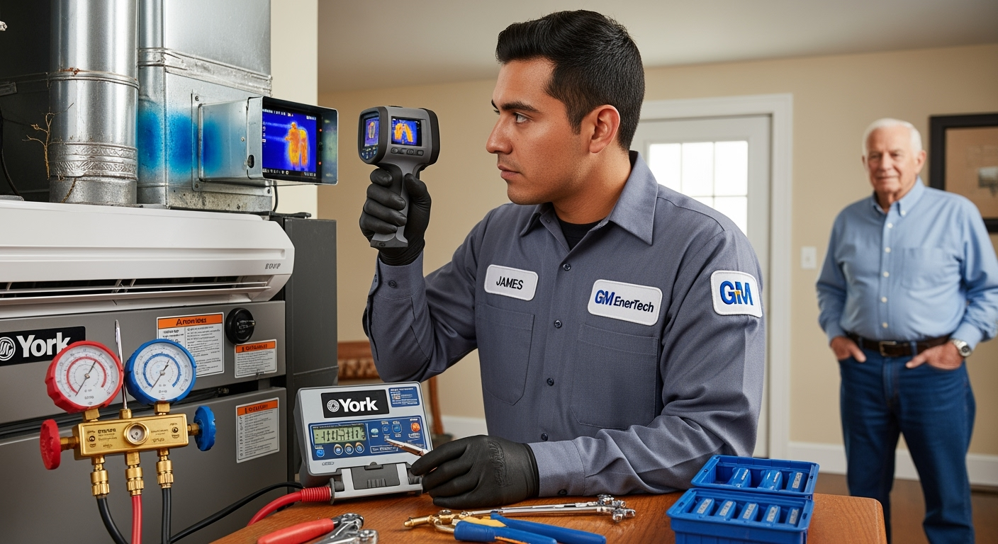 GM EnerTech HVAC technician servicing AC unit in Wyandanch home