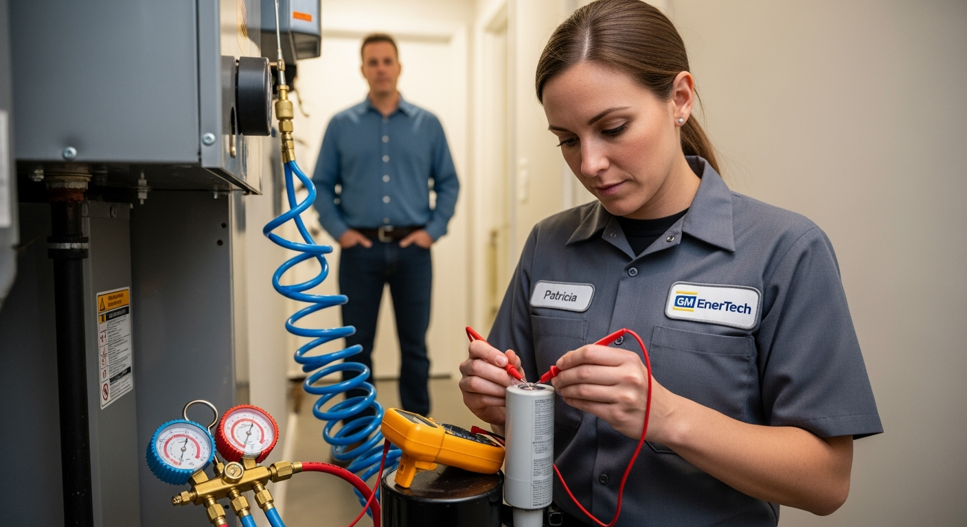 GM EnerTech HVAC technician servicing AC unit in Yaphank home